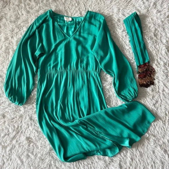 Alexis Teal Blue 100% Silk Long Sleeve Midi Dress with Beaded Sash Belt Size L - Picture 6 of 12